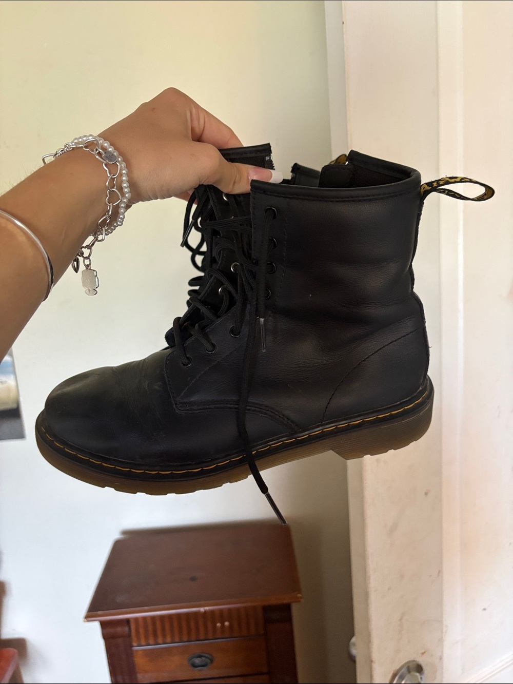 Dr. Martens Black Leather Lace-Up Ankle Boots with Yellow Stitching